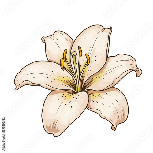 Graceful Lily Bloom: An elegant artistic representation of a pristine white lily, its delicate petals unfurling to reveal the flower's elegant structure and the golden anthers at its core.