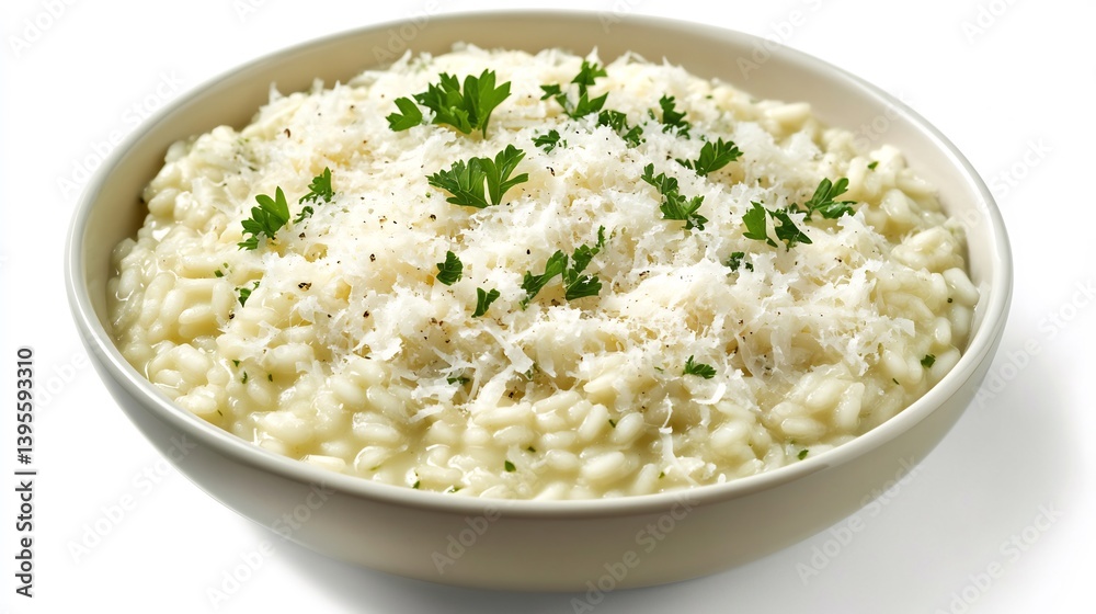 Bowl of creamy risotto garnished with Parmesan cheese and parsley isolated on white Bowl of creamy risotto garnished with Parmesan cheese and parsley isolated on white