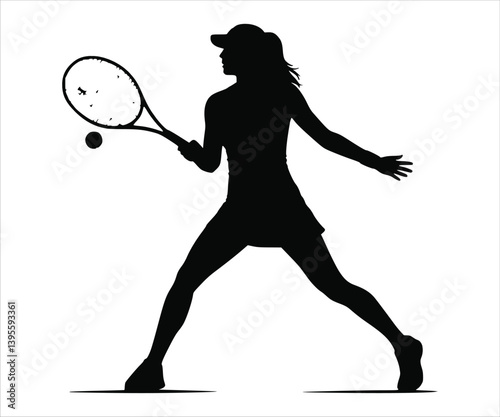 vector illustration showcasing the silhouette of a woman wielding a tennis racket, all on a white background.
