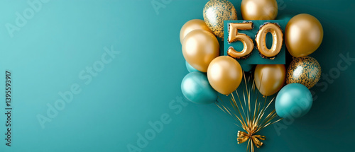 Beautiful happy birthday 50, festive celebration, turquoise color background with golden turquoise balloons and gift box, party, greeting card