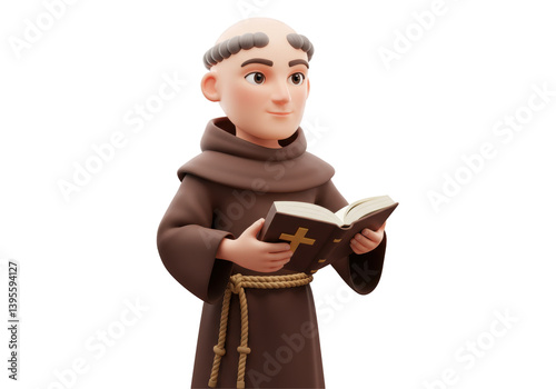 Isolated Cartoon Monk Character Reading Book