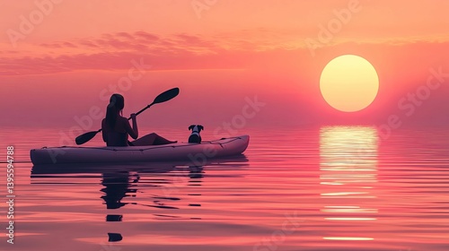 Woman kayaking with her dog into a beautiful sunset on water