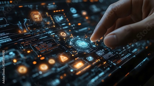 Obraz na płótnie Finger Interacting with Advanced Interface: Modern Technology Controls and User Experience on Dark Futuristic Electronic Display w salonie