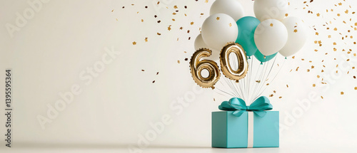 Beautiful happy birthday 60 or festive celebration, white color background with white turquoise balloons and gift box, party, greeting card