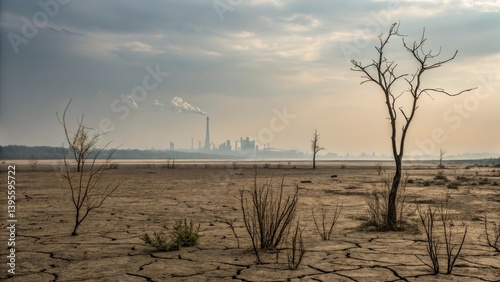 Barren landscape with hazy air and faint industrial silhouette in background, emphasizing polluted atmosphere and empty surroundings. Concept of industrial pollution and environmental degradation