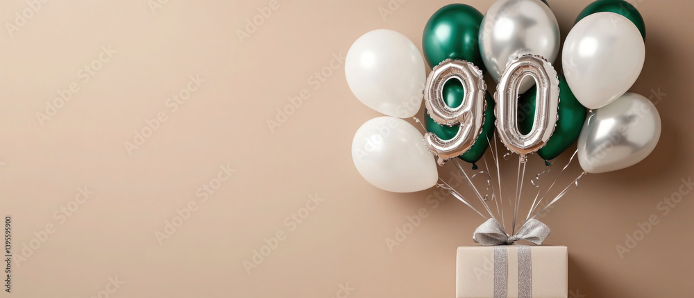 custom made wallpaper toronto digitalBeautiful happy birthday 90 or festive celebration, pastel brown color background with white silver green balloons party, greeting card