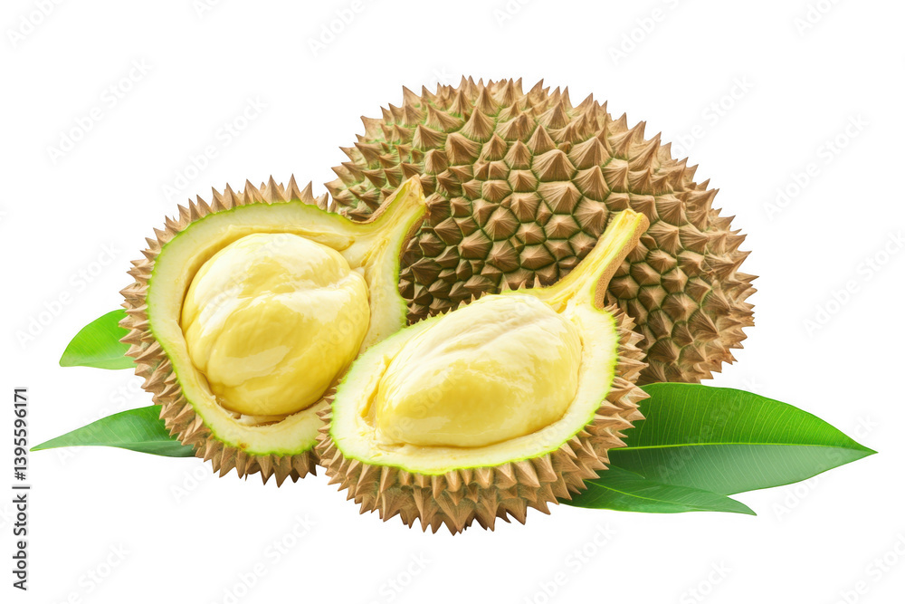 Fototapeta premium A durian fruit cut open with leaves on a plain dark background on transparent background