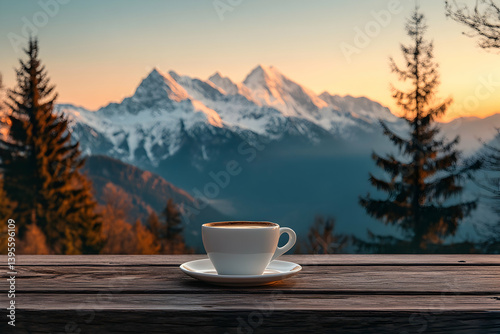 
A cup of coffee on the table with snow-capped mountains in the background at sunset.