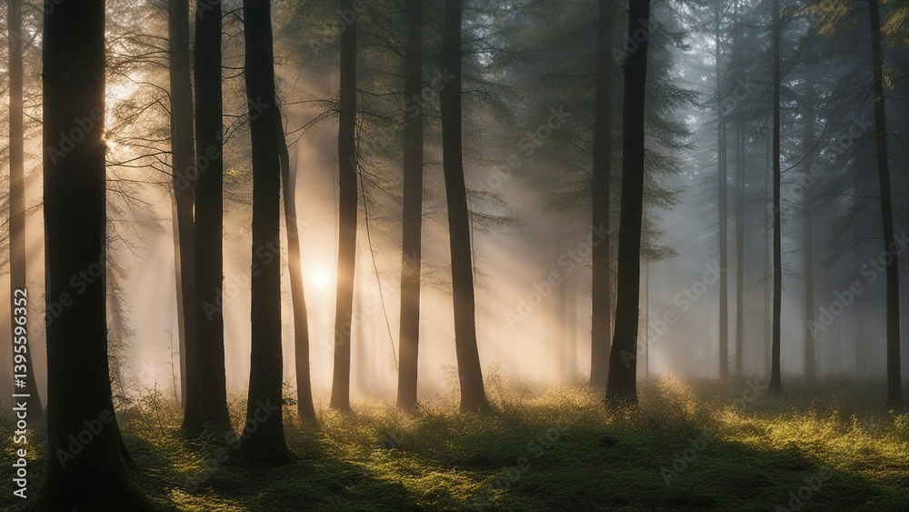 Obraz premium A beautiful nature at morning in the misty spring forest with sun. The forest is full of life