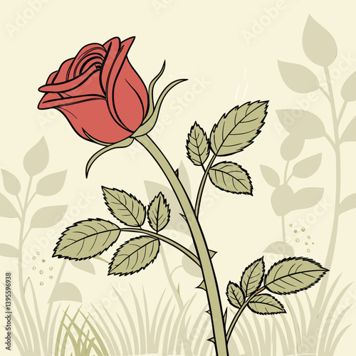 Uma rosa vermelha aberta, com galho e folhas verdes. Dia das mães, dia dos namorados, floricultura, casamento, amor, paixão. Plantas, botânica, jardins. 