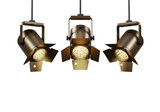 Isolated Trio of Vintage Stage Lights Suspended from Above