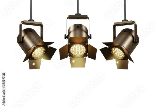 Isolated Trio of Vintage Stage Lights Suspended from Above photo