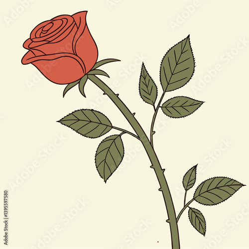 Uma rosa vermelha aberta, com galho e folhas verdes. Dia das mães, dia dos namorados, floricultura, casamento, amor, paixão. Plantas, botânica, jardins.
