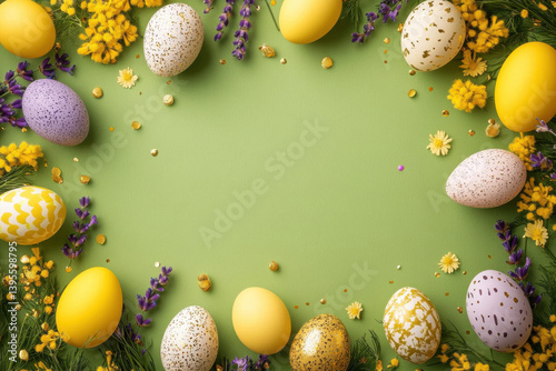 Decorative Easter Eggs with Flowers and Confetti on Green Background, Celebration