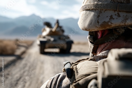 Military operation tank and soldier in desert ready for combat action photo