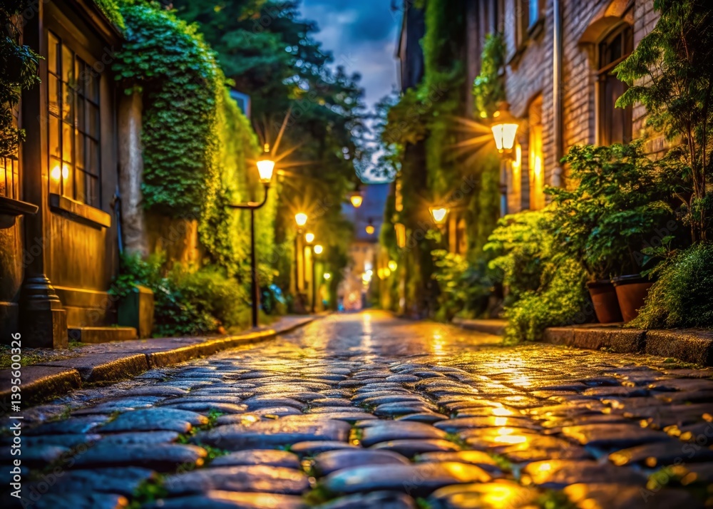 Fototapeta premium Charming Cobblestone Street at Night: Cozy Minimalist Photography