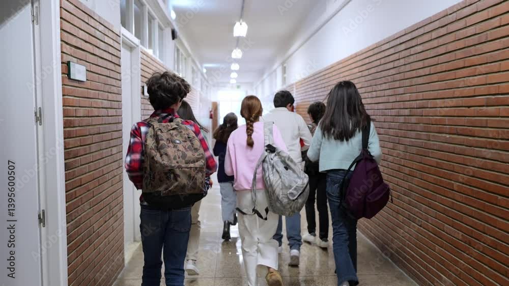 Young students walking together through bright school hallway, sharing moments of carefree friendship and excitement during break time