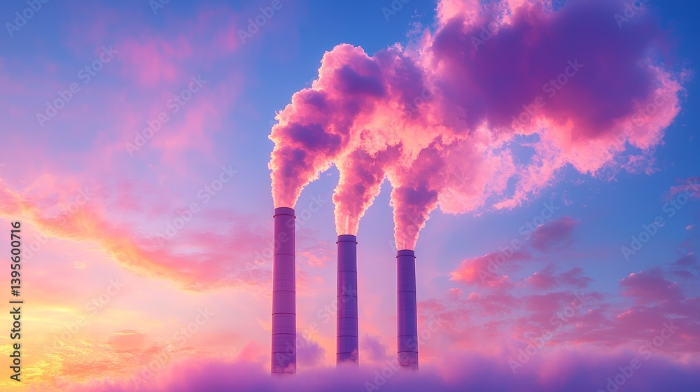 Obraz premium Three Smokestacks Emitting Pink Smoke at Sunset