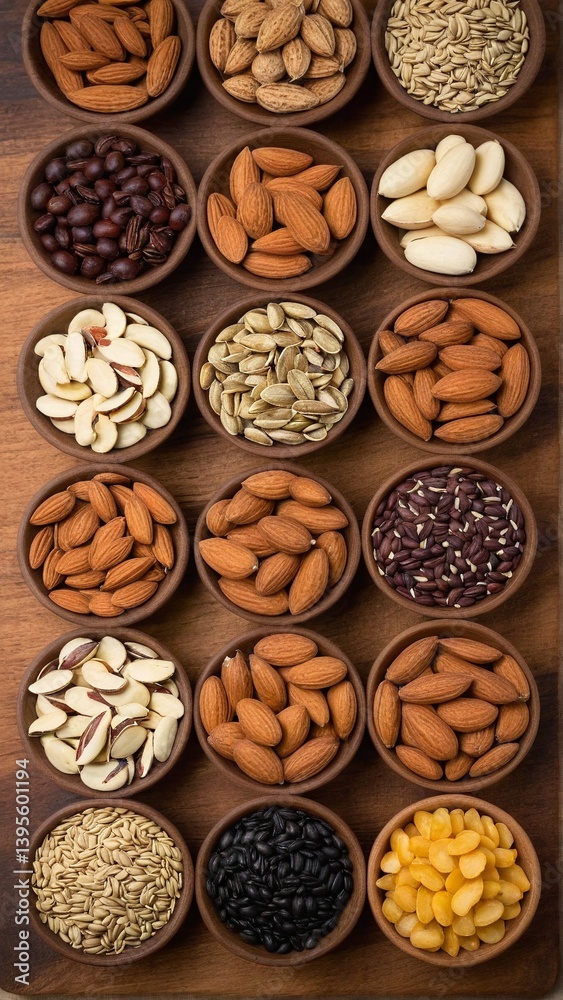 Diverse assortment of nuts and seeds displayed in an array of rustic wooden bowls, presenting an array of culinary possibilities. Diverse assortment of nuts and seeds displayed in an array of rustic wooden bowls, presenting an array of culinary possibilities.