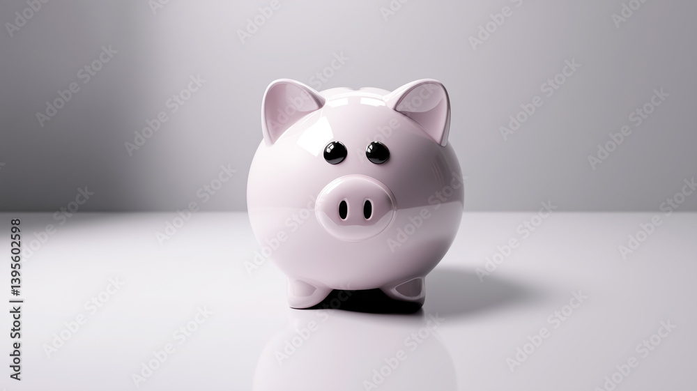 A shiny pink piggy bank sits on a reflective white surface against a soft, blurred gray background, symbolizing savings and finance. A shiny pink piggy bank sits on a reflective white surface against a soft, blurred gray background, symbolizing savings and finance.