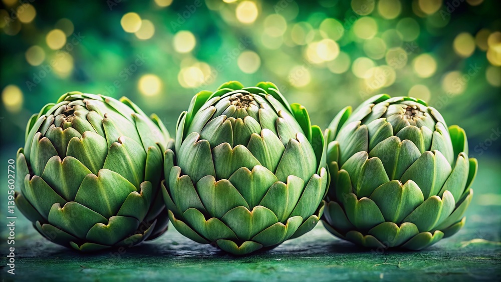 Fototapeta premium Close-up of Three Closed Artichokes with Bokeh Background - Vibrant Green Vegetables