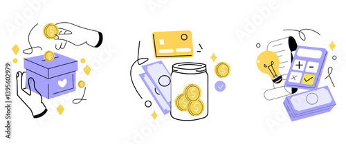 Crowdfunding, investment, fundraising donation set. Characters contribute money for idea, financial support, startup business. 