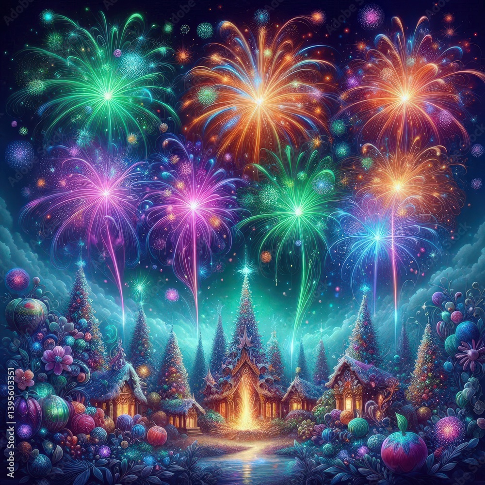 Fototapeta premium Bright fireworks burst in vibrant colors above a charming village under a starry sky. Colorful trees and cozy homes reflect the magic of the celebration creating a breathtaking spectacle at dusk
