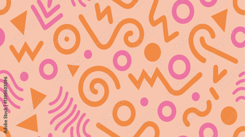 Seamless Memphis Geometric Pattern. Colorful Abstract 80s 90s Retro Background with Circles, Dots, Zigzags, Spirals, and Wavy Lines. Bright Orange Pink Fun Doodle Design for Kids. Seamless Memphis Geometric Pattern. Colorful Abstract 80s 90s Retro Background with Circles, Dots, Zigzags, Spirals, and Wavy Lines. Bright Orange Pink Fun Doodle Design for Kids.