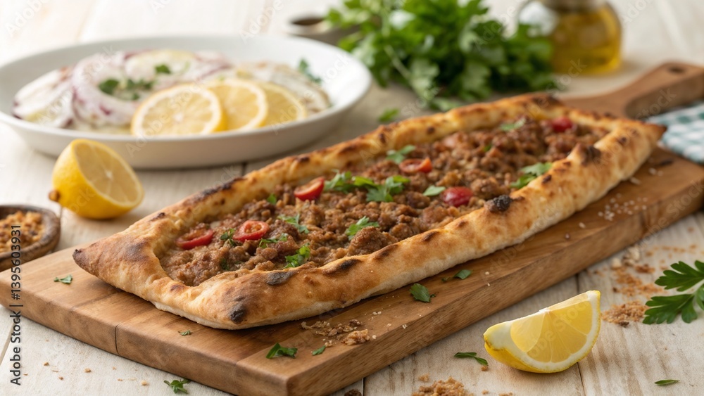 Turkish meat pide with parsley and chili on wooden board Turkish meat pide with parsley and chili on wooden board
