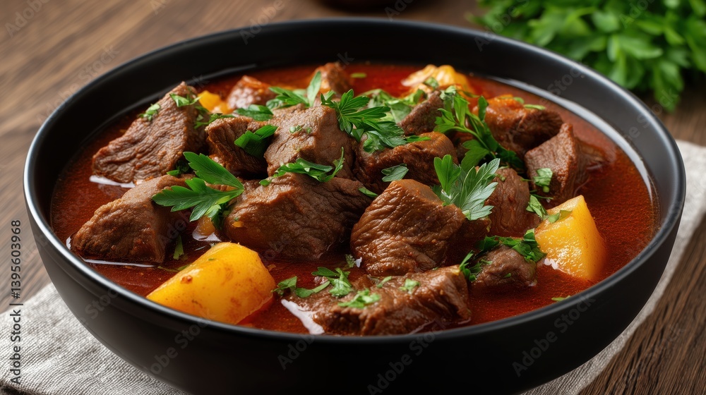 Rich and savory, Hungarian goulash steams in a black bowl, its tender beef and deep flavors topped with fresh parsley.
Rich and savory, Hungarian goulash steams in a black bowl, its tender beef and deep flavors topped with fresh parsley.