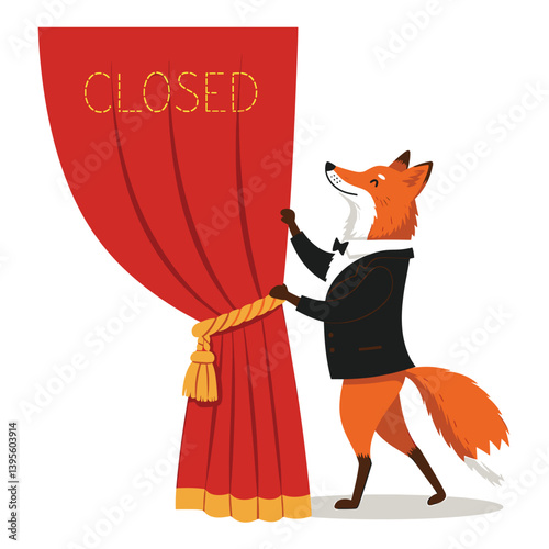 Theatrical Revelation: An anthropomorphic fox in elegant attire dramatically unveils a vibrant red curtain labeled "CLOSED", a playful commentary on hidden narratives and the allure of the stage.