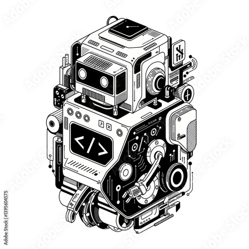 Artistic Cybernetic: A monochromatic, detailed illustration of an advanced robotic construct, showcasing intricate mechanisms and technological components.