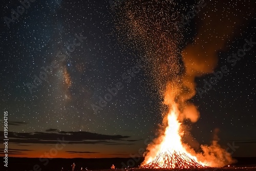 Dramatic image a large bonfire under a starry sky during a summer solstice festival, with sparks flying upward