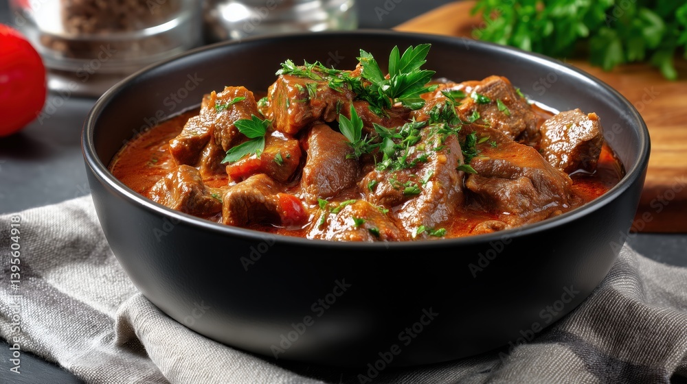 Rich and savory, Hungarian goulash steams in a black bowl, its tender beef and deep flavors topped with fresh parsley.
Rich and savory, Hungarian goulash steams in a black bowl, its tender beef and deep flavors topped with fresh parsley.