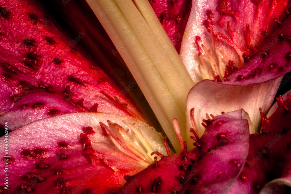 Macro pink big lily flower with soft focus. Abstract close up petal blur background.