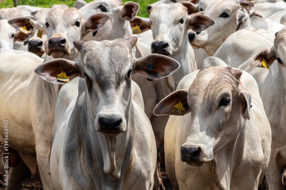 Herd of Nelore cattle grazing in a pasture on the brazilian ranch