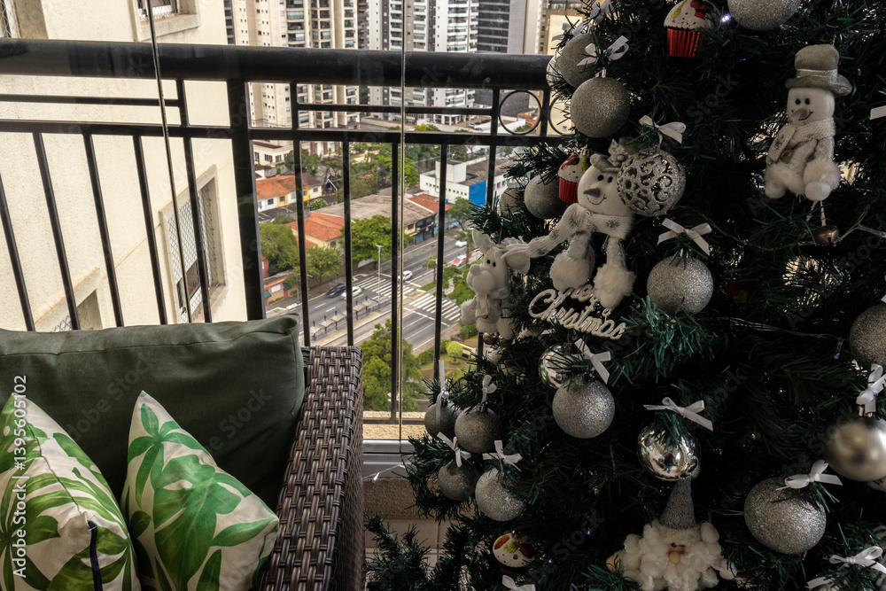 Detail of decoration and accessories on the Christmas tree of a residence in Brazil