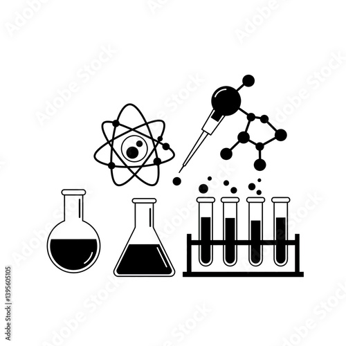 Lab Essentials: A minimalist illustration presents essential scientific tools. Test tubes, beakers, atoms, and molecular structures are arranged artfully.