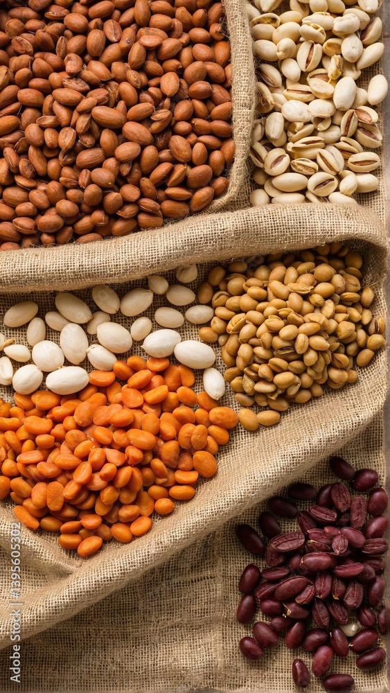 Naklejka premium A Colorful Harvest: Variety of Assorted Nuts and Seeds Displayed on Burlap Fabric, Creating a Rustic and Natural Still Life.