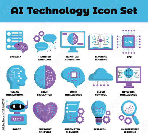 Ai technology icon set featuring various symbols perfect for websites, presentations, and digital design projects with a modern theme