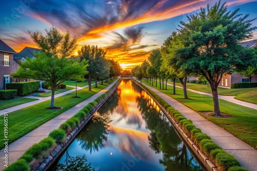 Coppell Texas Lakeside Aerial: Silhouette of Concrete Drainage Channel, Homes & Pools