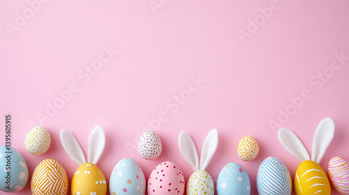 Easter Colorful Eggs with Bunny Ears on Light Pink Background Holiday Decorations