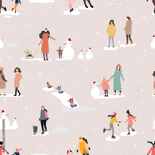 Winter seamless pattern for Christmas concept,People playing snowboard and skiing with snowy.Kids sport activities in winter park.Vector group people  dressed in winter clothing on pink background