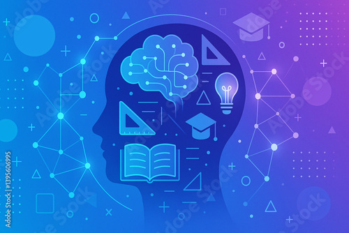 Artificial Intelligence and E-Learning Concept with Educational Icons and Neural Network on Gradient Background