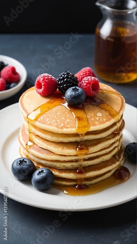 Wallpaper Mural A Stack of Golden Pancakes Drenched in Syrup, Topped with Fresh Berries for a Delicious and Wholesome Breakfast Treat. Torontodigital.ca