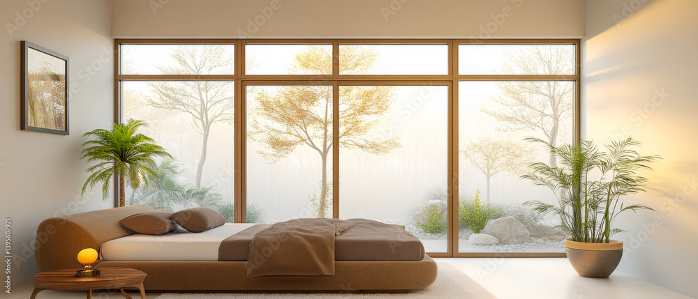 Fototapeta premium Modern bedroom with large windows and tranquil outdoor view at sunrise