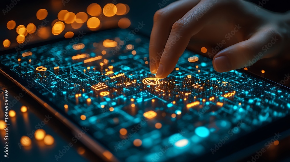 Hand Interacting with Glowing Digital Interface on a Sleek Device Display, Exploring Advanced Technology.