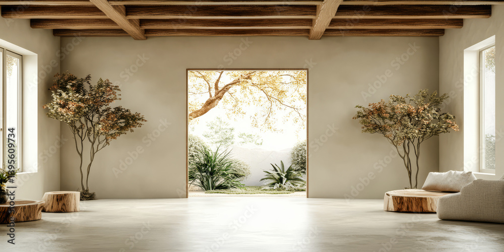 Fototapeta premium Modern interior design showcasing natural light and greenery in a minimalist setting