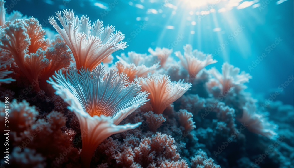 Fototapeta premium A vast desert landscape featuring shimmering, pearl-like sand dunes. Twisted acacia trees cast long, curved shadows across the scene, suggesting heat and an arid environment. The overall impression is