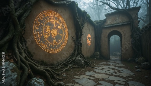 Ancient stone walls with iridescent glyphs, weathered to sepia patina, amidst twisted tree roots and misty ruins.